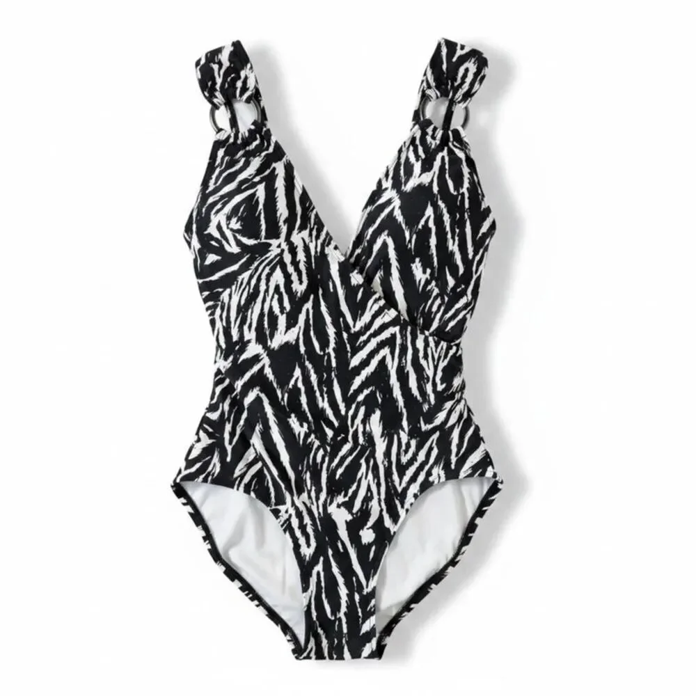 Carmen Marc Valvo Printed O-Ring One-Piece Swimsuit Black 4